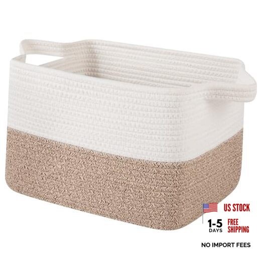 Woven Storage Basket for Shelves, Rectangle Cotton 13"x10"x9" Brown and White