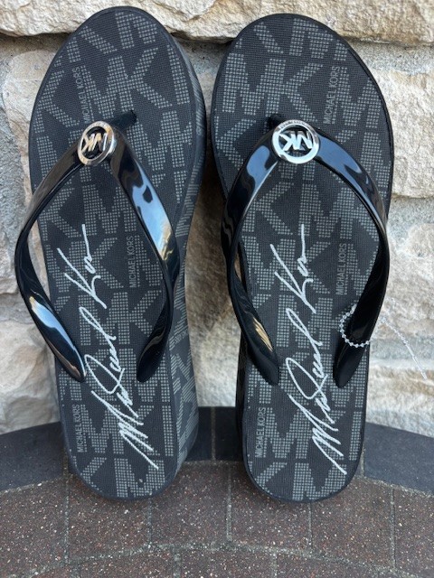 Michael Kors New Bedford Glam Platform PVC Logo Flip Flop-Black/Gray-Choose Size