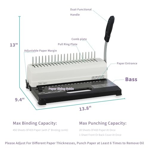 Binding Machine, 19-Hole, 450 Sheets, Comb Binder Machines with 100 PCS 1/2"