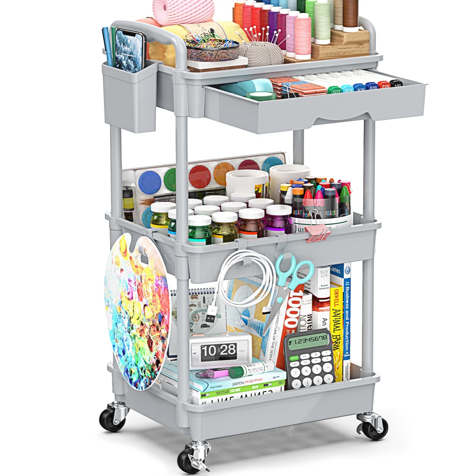 3-Drawer Plastic Storage Cart on Wheels,Silver