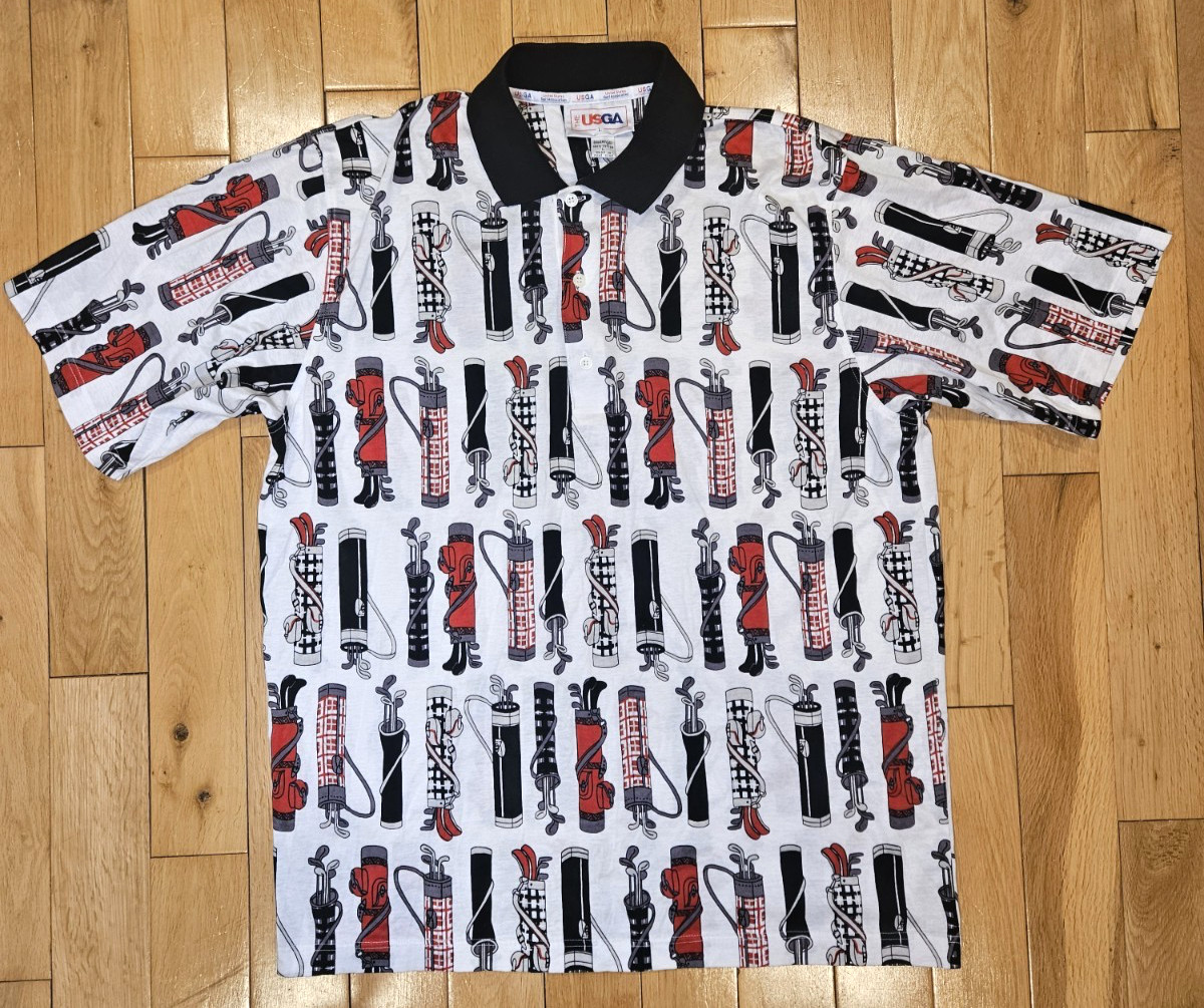Vintage SLAZENGER USGA Golf Bag Clubs All Over Print Collared Polo Shirt Mens L