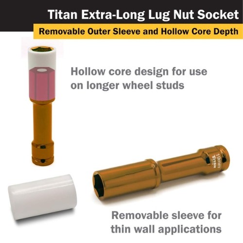 Titan 21119 Lug Nut Socket Extra Long, 1/2" Drive x 19mm