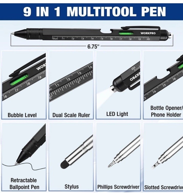 WORKPRO 2-Pack Upgraded Multi-Tool Pens 9 Functions Multi-tool Pen Set Daily Use