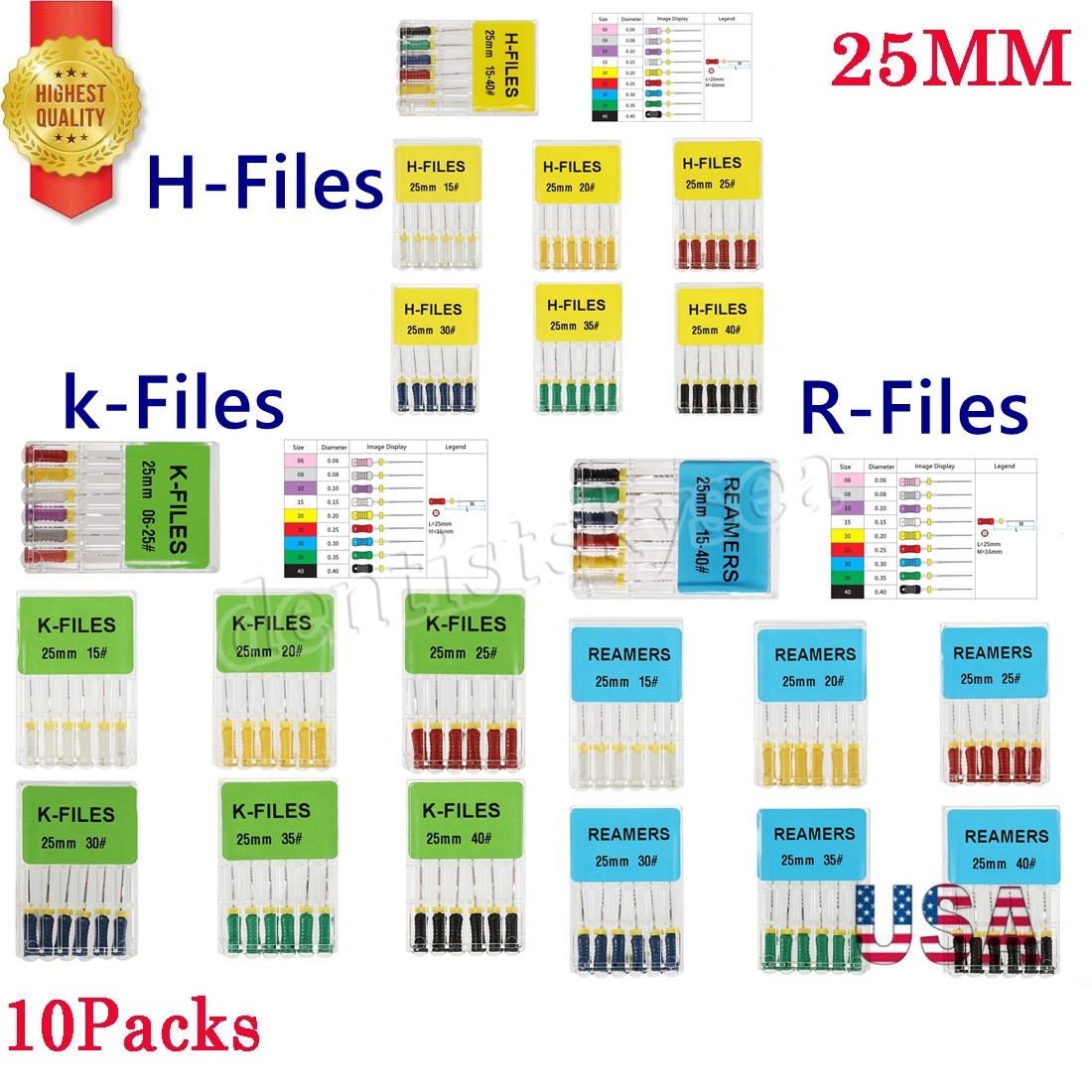 10Pk K Files Dental Endo R-FILES 25MM Stainless Steel Root Canal H File Hand use