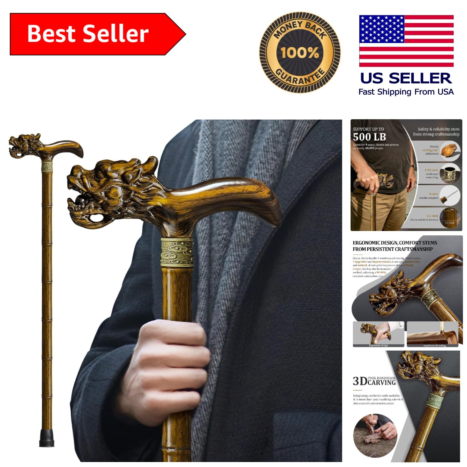 Artisan Zebrawood Walking Cane - Up to 500 lbs Support & Complete Accessories
