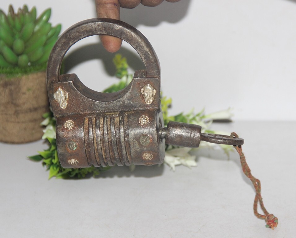 Antique Iron Silver Fitted God Ganesha Engraved Solid Lock With 1Key Handcrafted