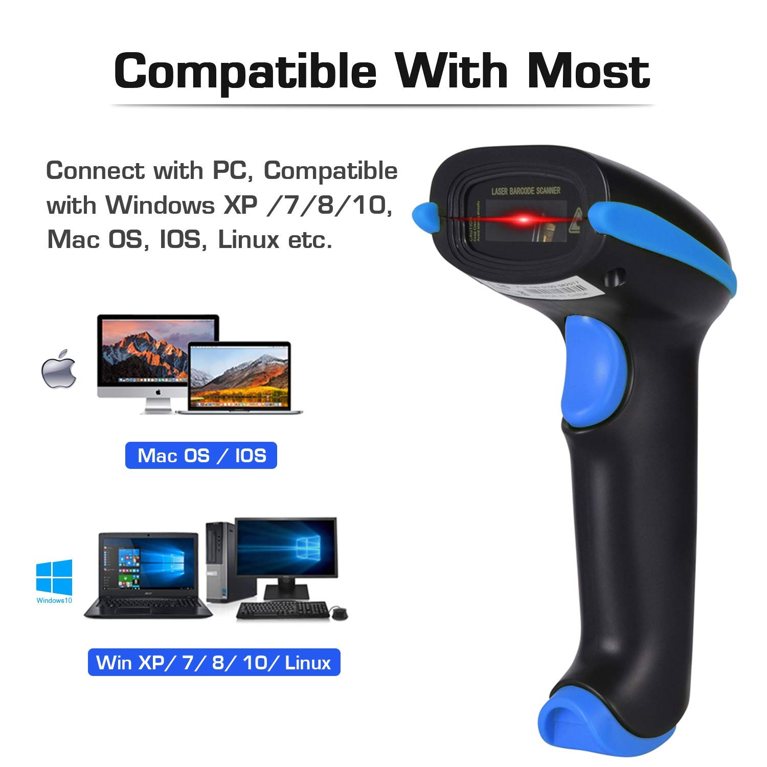 Blue 2.4G Wireless 1D Barcode Scanner Handheld Cordless Reader 100ft Range