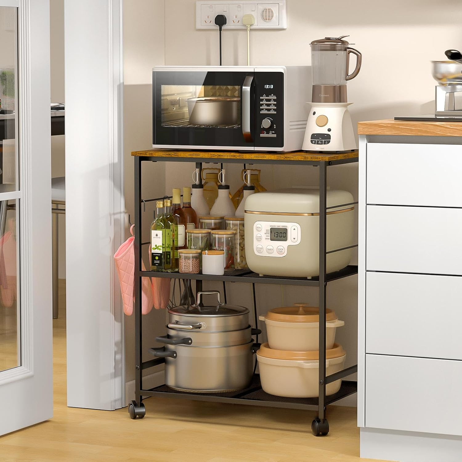 Rolling Kitchen Microwave Cart, 3 Tier Microwave Table Stand with Storage, Kitch