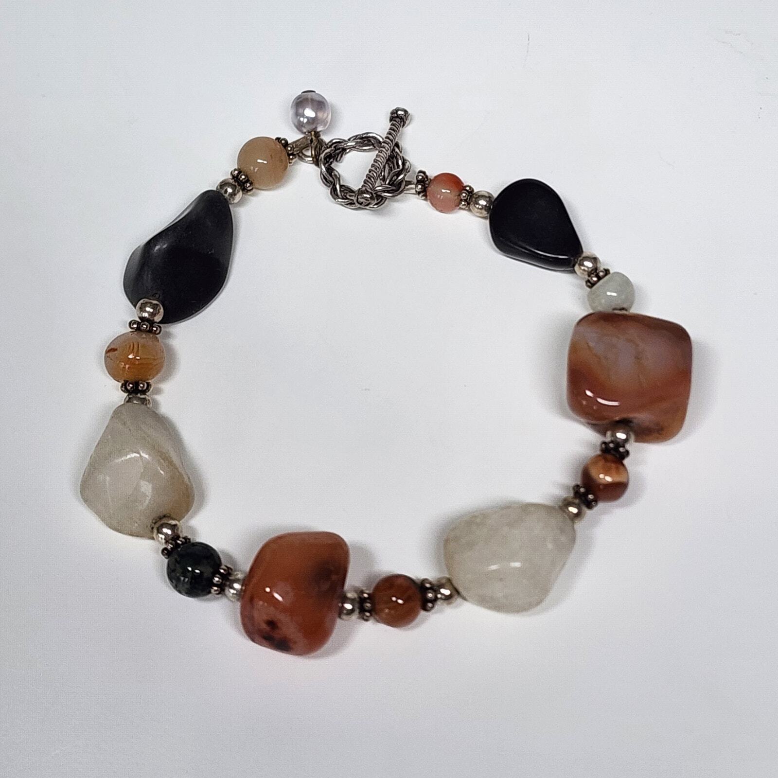 Silver Tone Natural Polished Stones Gemstone Rock bracelet toggle