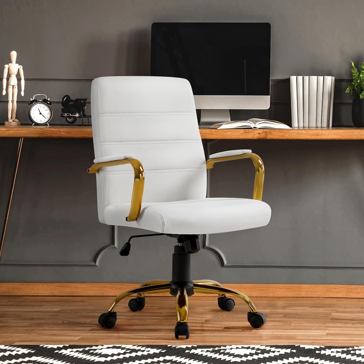 Yaheetech Mid-Back Office Chair PU Leather Desk Chair Adjustable White Seat