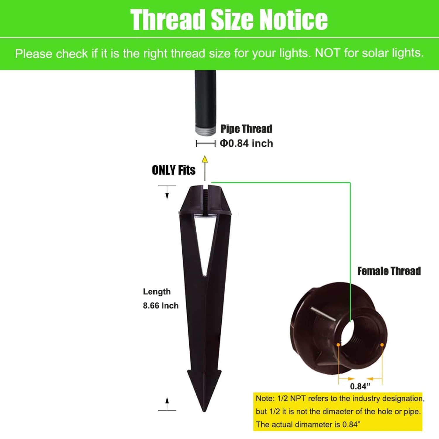 Landscape Lighting Stakes, 1/2 NPT Female Thread, 8.6 Inch Solid Plastic Spik...