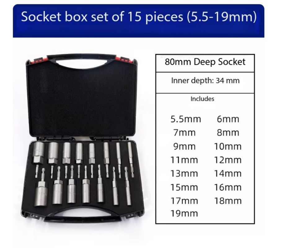 15 Pcs Socket Set Chrome Vanadium Steel Hex Bit Socket Set Wrench Screw Drill