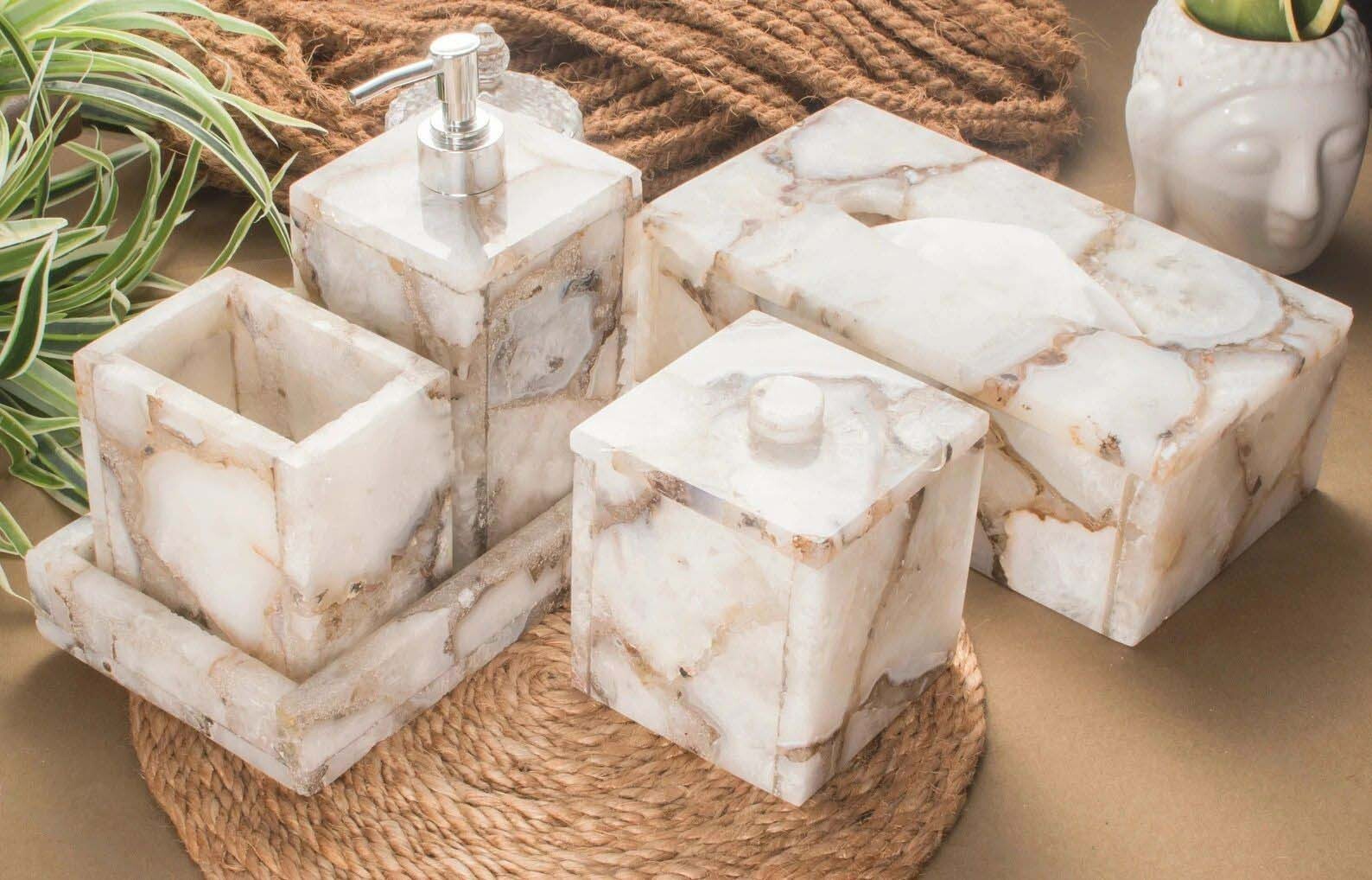White Agate Bathroom Set, Set Of  5 Pcs Agate Stone Bathroom, Luxury Home Decors