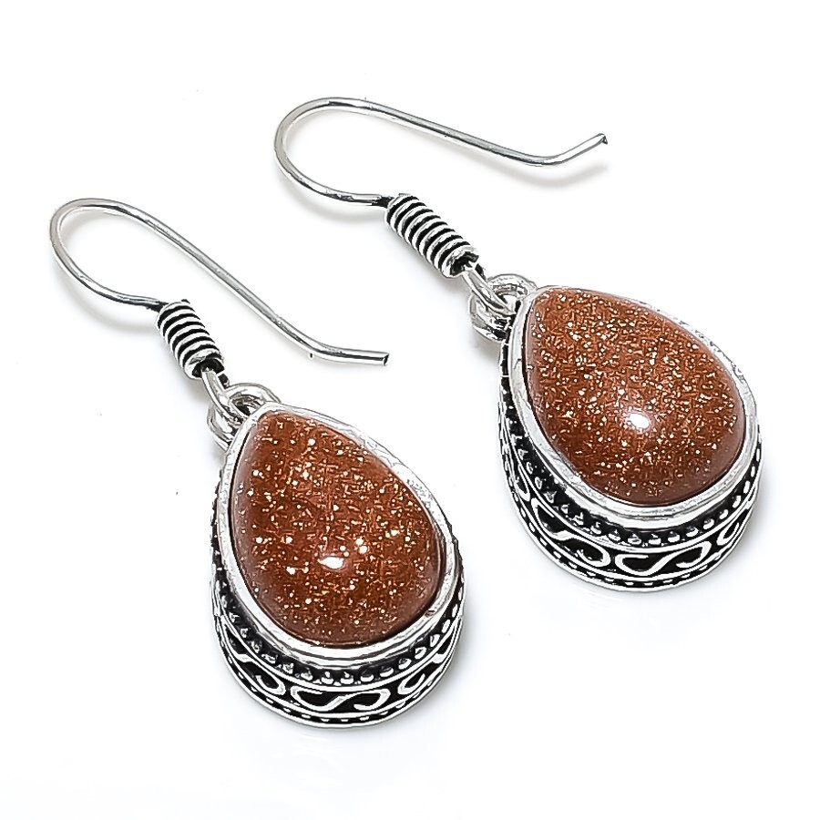 Sunstone Gemstone Handmade 925 Sterling Silver Jewelry Earrings Size 1.20"
