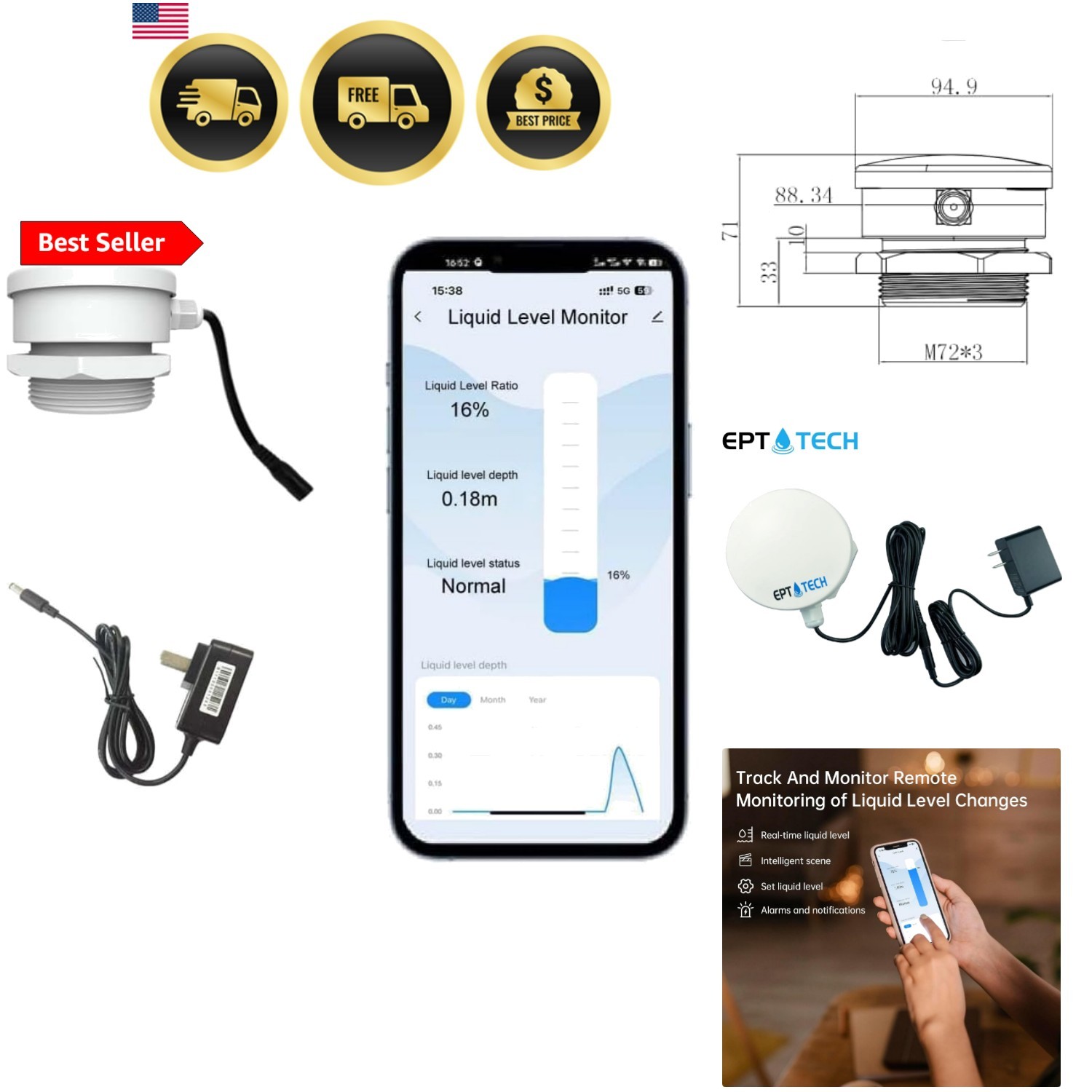 Smart WiFi Water Oil Fuel Liquid Tank Level Monitor Indicator Controller Remo...