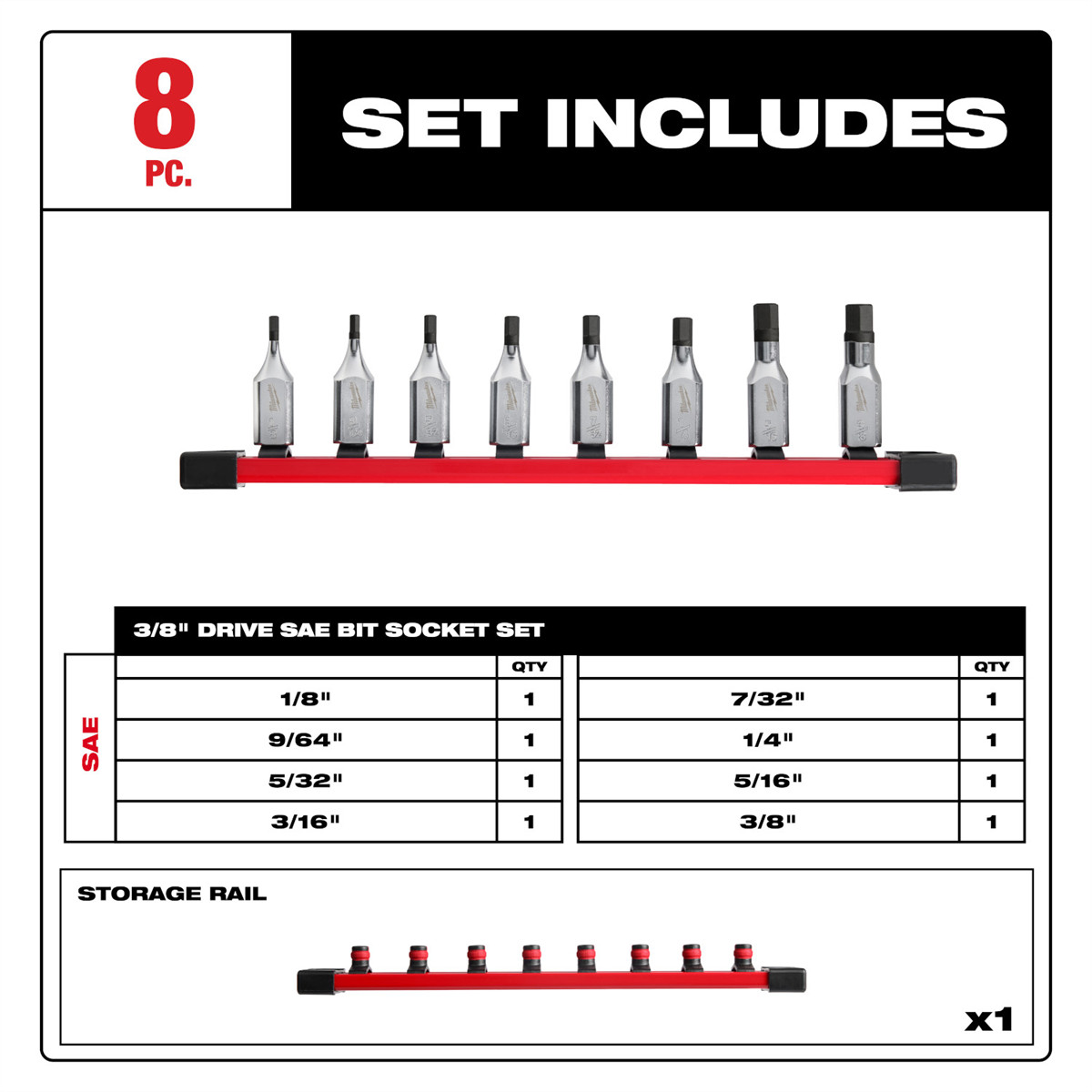 Milwaukee Tool 8pc 3/8" Drive Hex Bit Socket Set - SAE