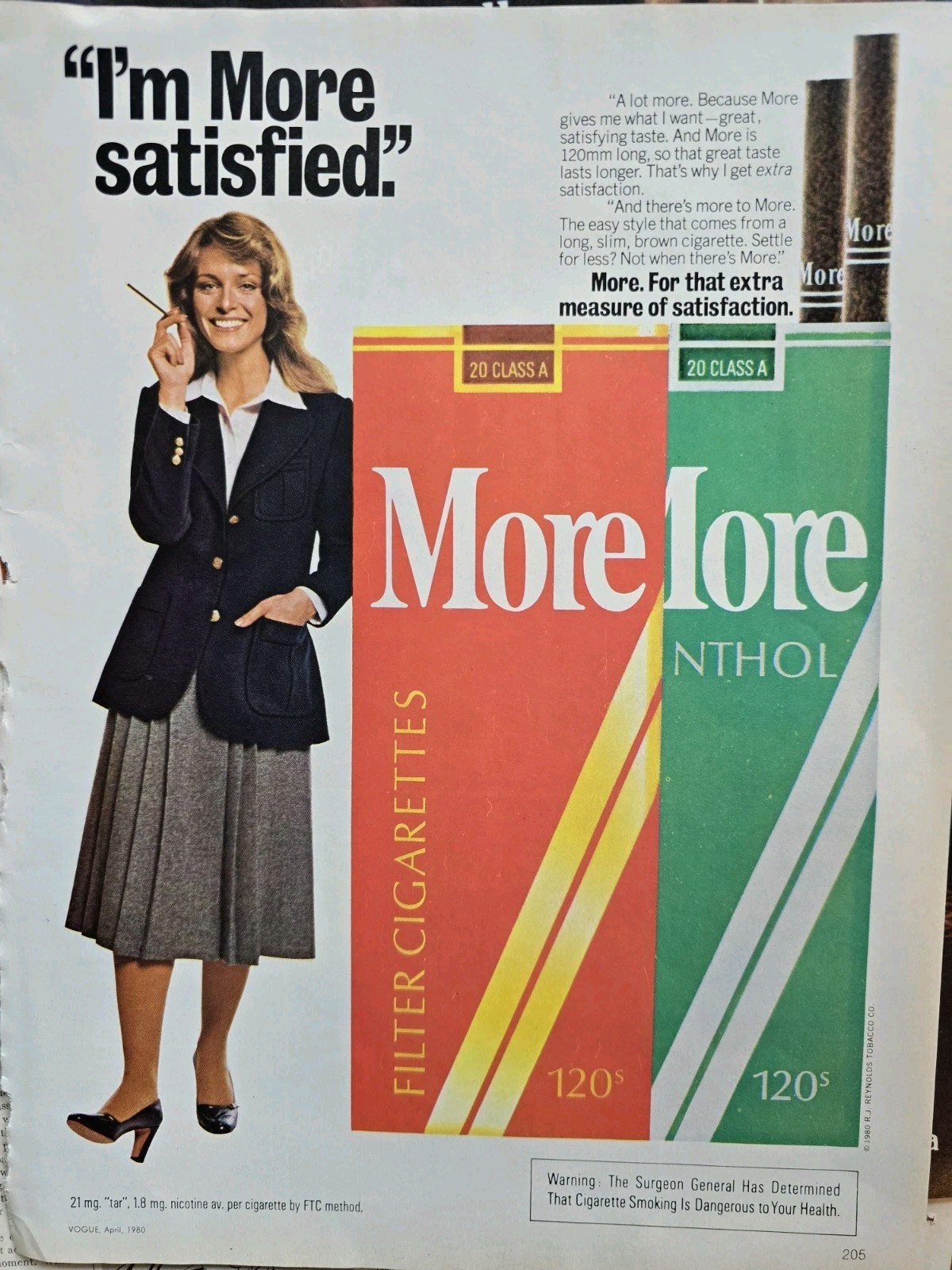 1980 More Cigarettes Long slim brown cigarette smoking Vintage ad