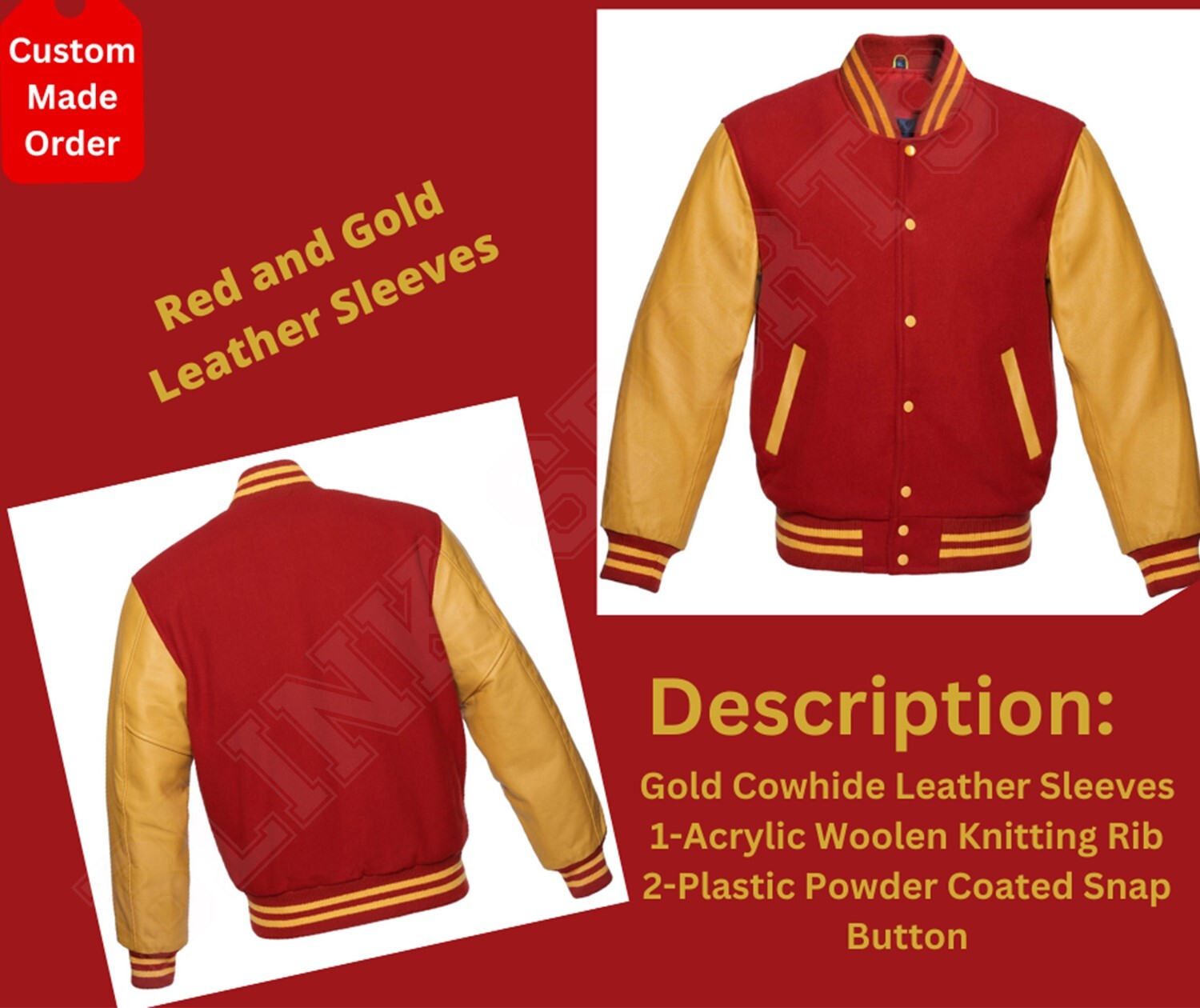 Customised Letterman Varsity Red Wool Body  Gold Real Leather Sleeves Jackets