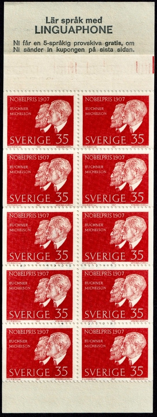 Sweden, Complete Booklet Pane of 10 Stamps, MNH-1967, 35 öre, Sc. 771a, SG SB213