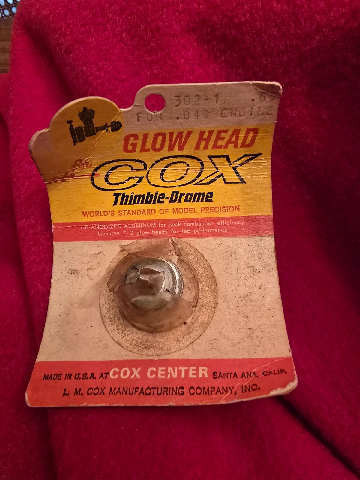Vtg 1960's Cox Thimble Drome Glow Head 302-1 for .049 engine