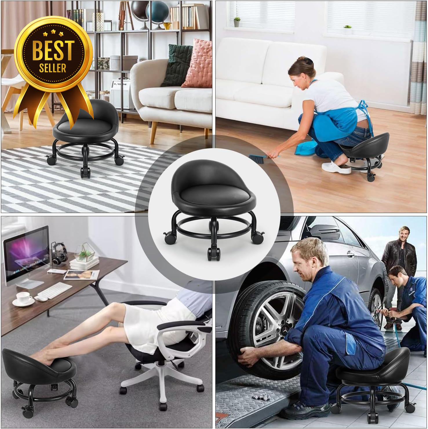 Rolling Stool with Backrest Low Height Roller Seat for Home Office Garage Shop