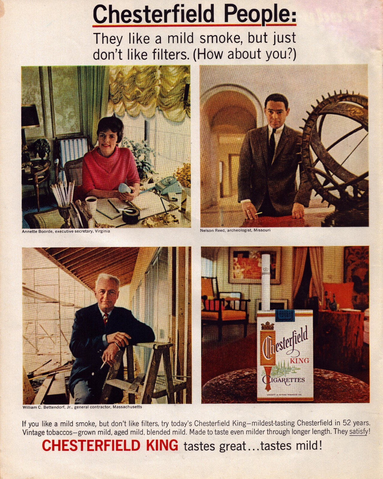1965 Chesterfield King Cigarettes Print Ad Mild Smoke No Filters