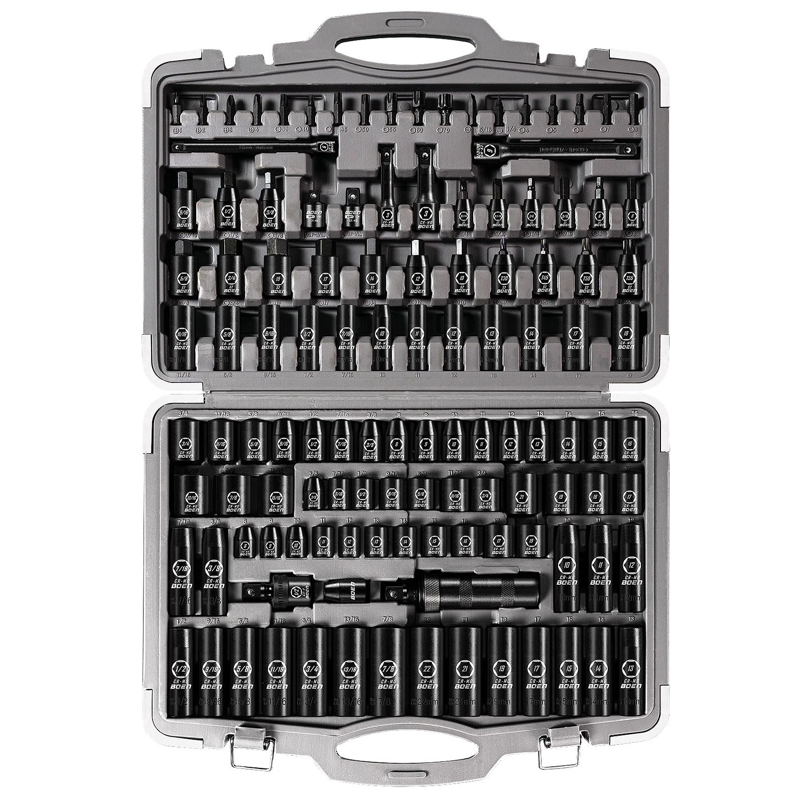 BOEN 119Pc Impact Socket Set 1/2in 3/8in Drive SAE Metric Cr-Mo Case Kit