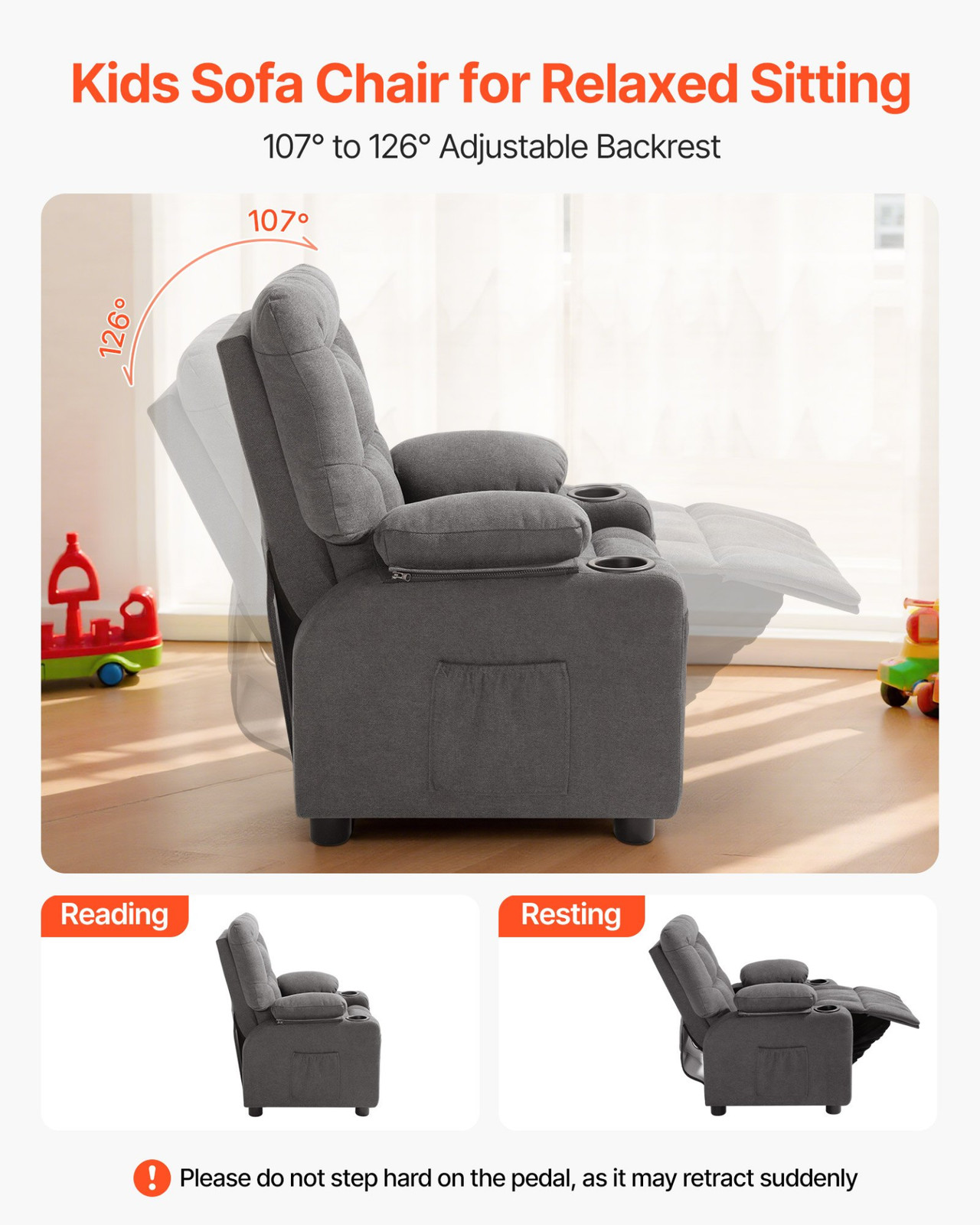 Kids Recliner Chair Adjustable Toddler Sofa with Cup Holder Gray