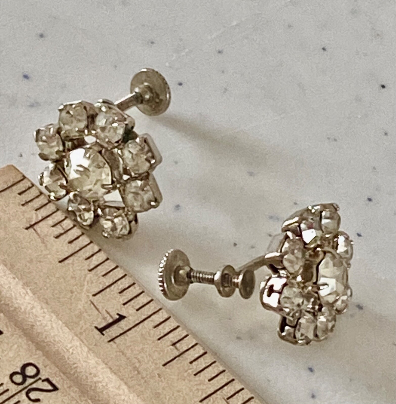 Antique Clear Prong Set Rhinestone Round Screw Back Earrings