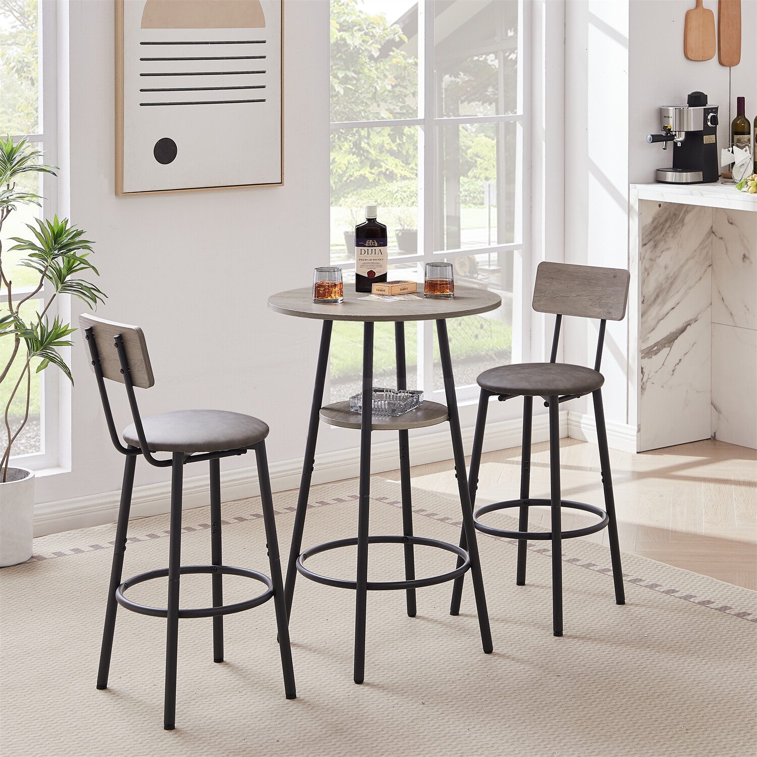 3 Piece Bar Table Set Counter Height Kitchen Pub Table w/ 2 Upholstered Stools