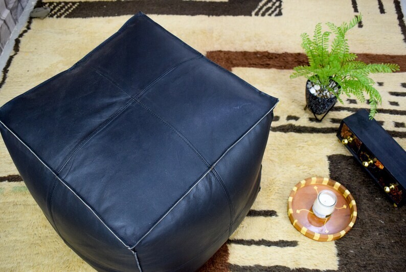 Leather Unstuffed Moroccan Genuine Ottoman Pouffe Footstool Boho New Black 20''