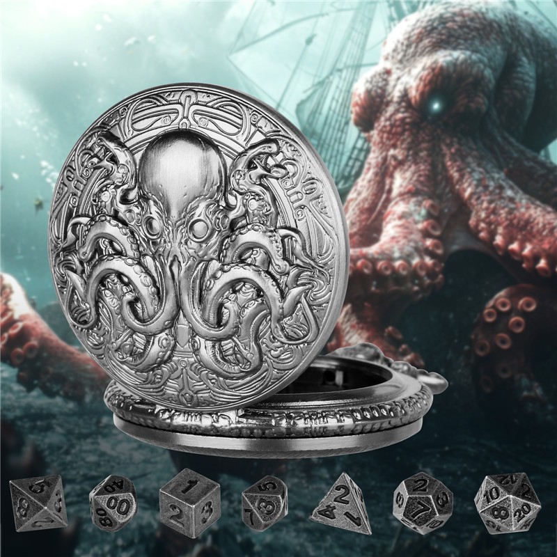 7pcs Solid Metal Polyhedral DND Dice Set in Octopus Pocket Watch Case with Chain
