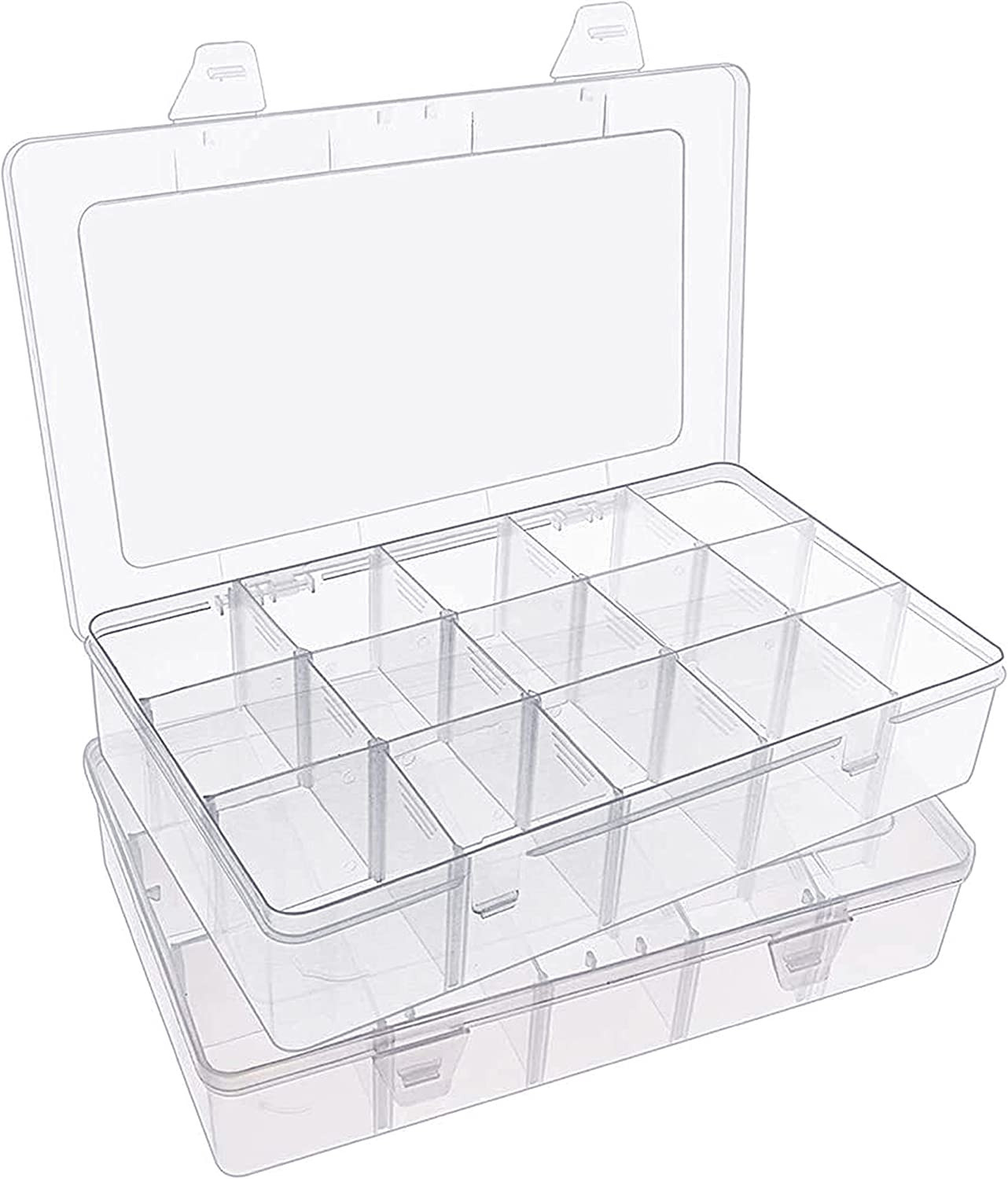 2 Pack 15 Girds Clear Large Plastic Organizer Box ,Bead Organizer, Adjustable