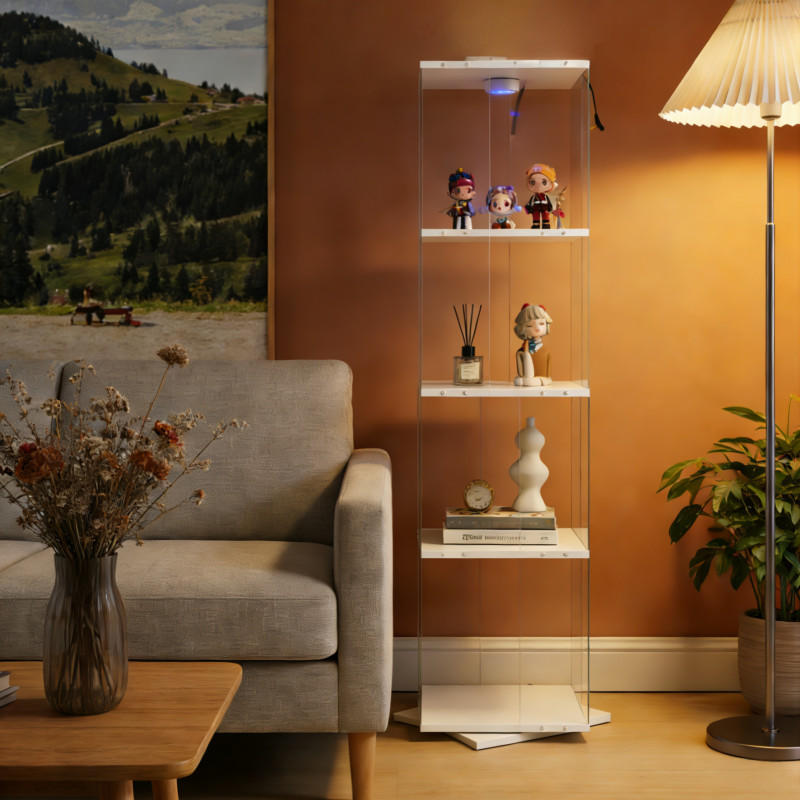 Rotatable 4-Shelf Tempered Glass Curio Cabinet with Lighted Display & Glass