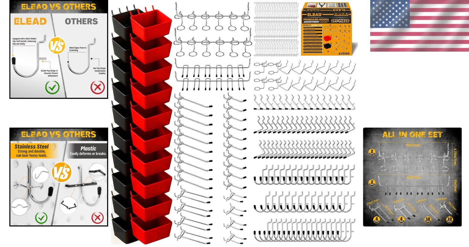 297 Piece Pegboard Hooks Kit, Peg Board Organizer Accessories with Bins for Orga