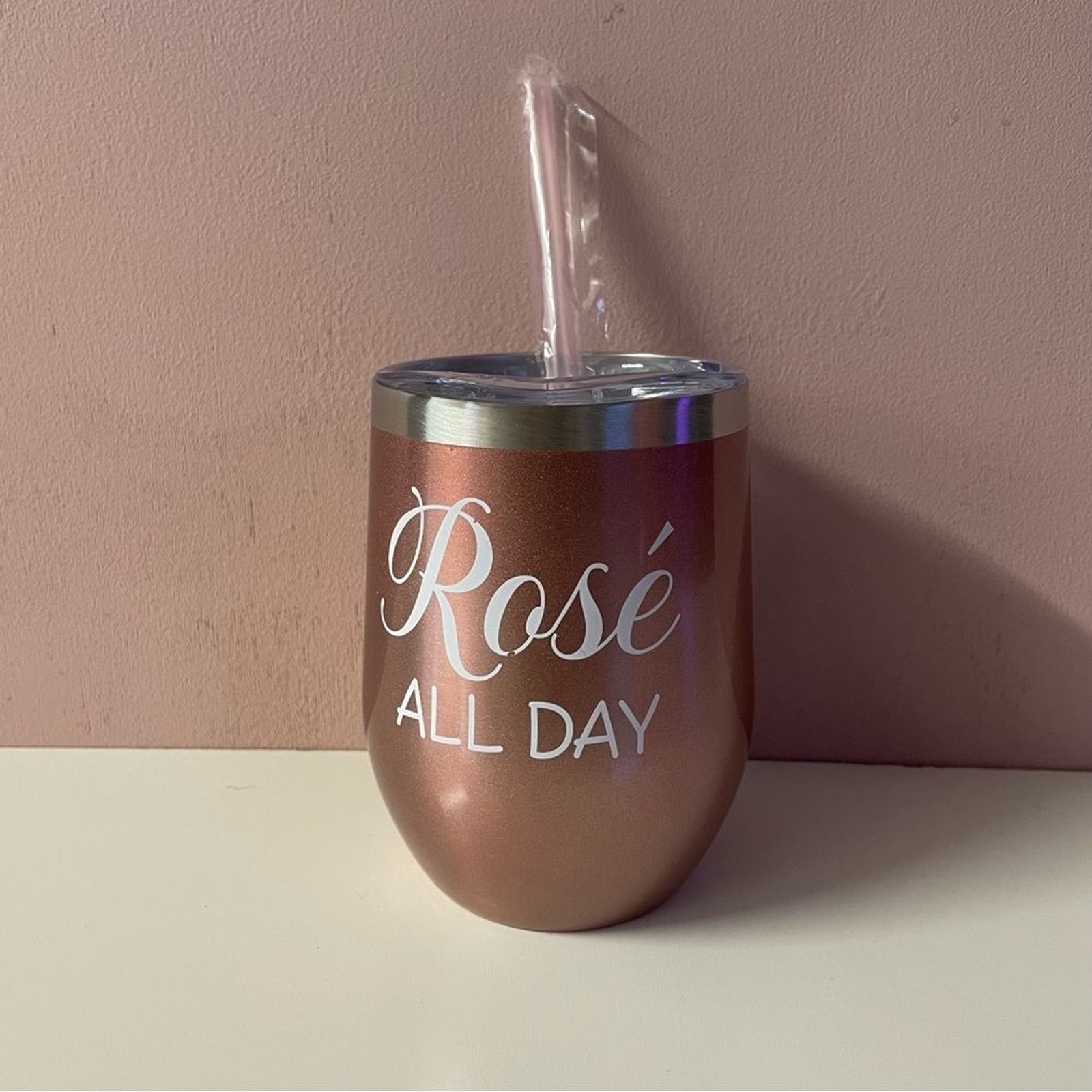 NWOT Pink & Silver Trimmed “Rosé All Day” Tumbler