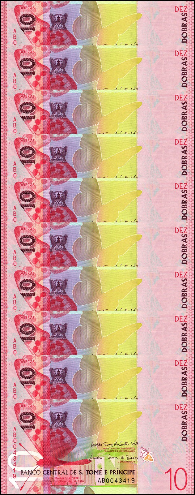St. Thomas & Prince 10 Dobras, 2020, P-77, UNC X 10 PCS