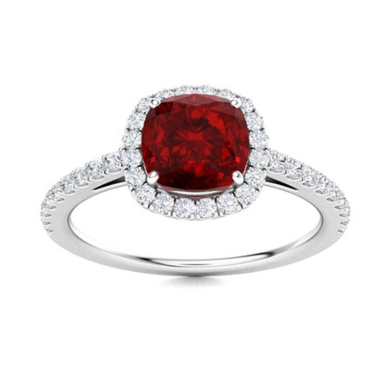 Soliatire 6mm Cushion Garnet Halo 925 Sterling Silver Women Engagement Ring