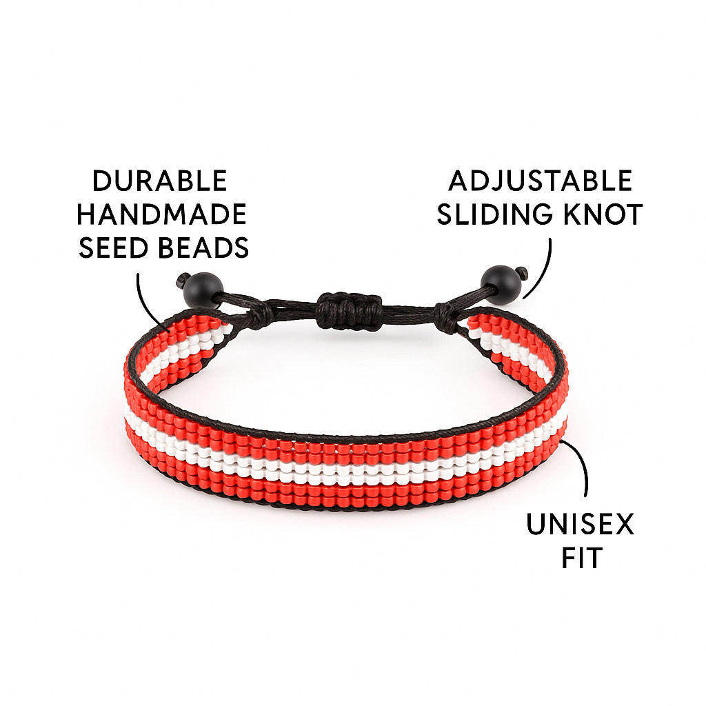 Austria Flag Bracelet: Adjustable Beaded String Bracelet, Handmade Boho Jewelry.