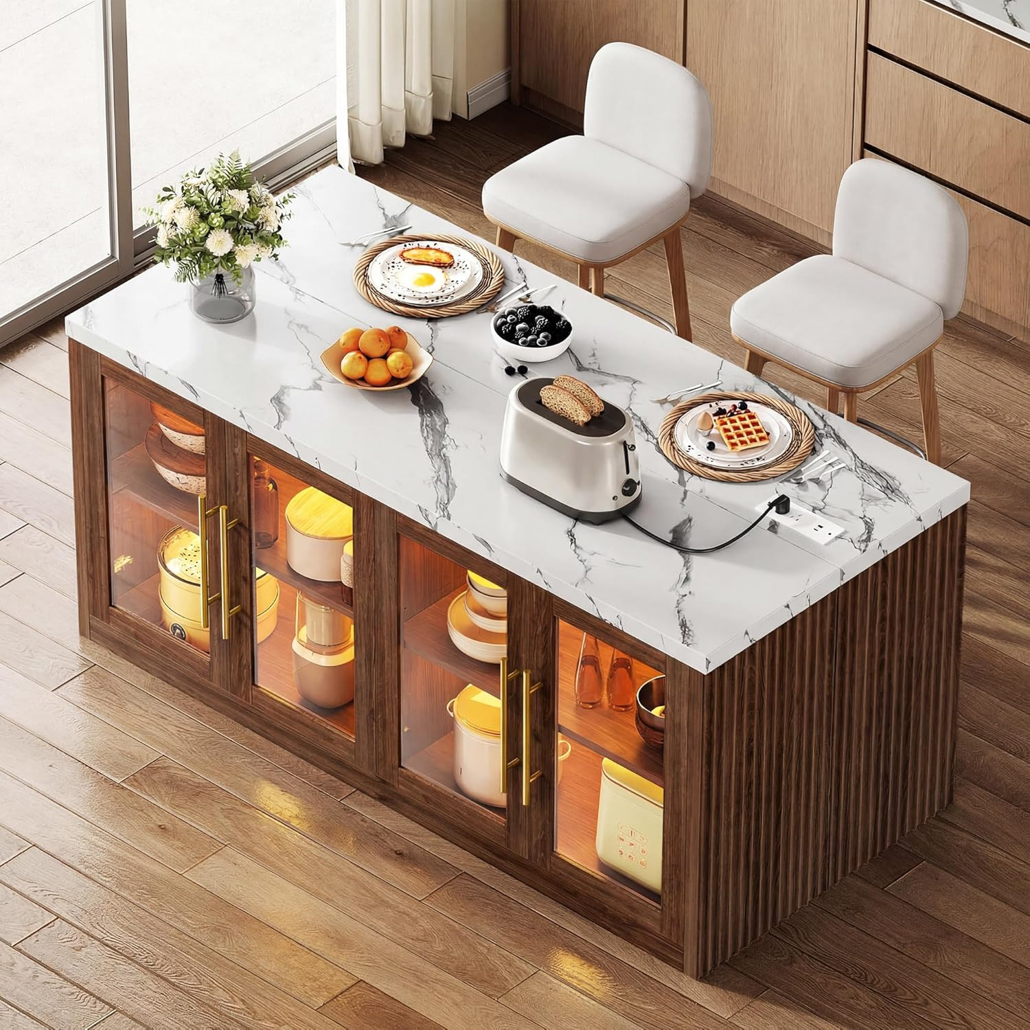 Walnut Kitchen Island with Storage & LED Light, 55" Rolling Breakfast Bar