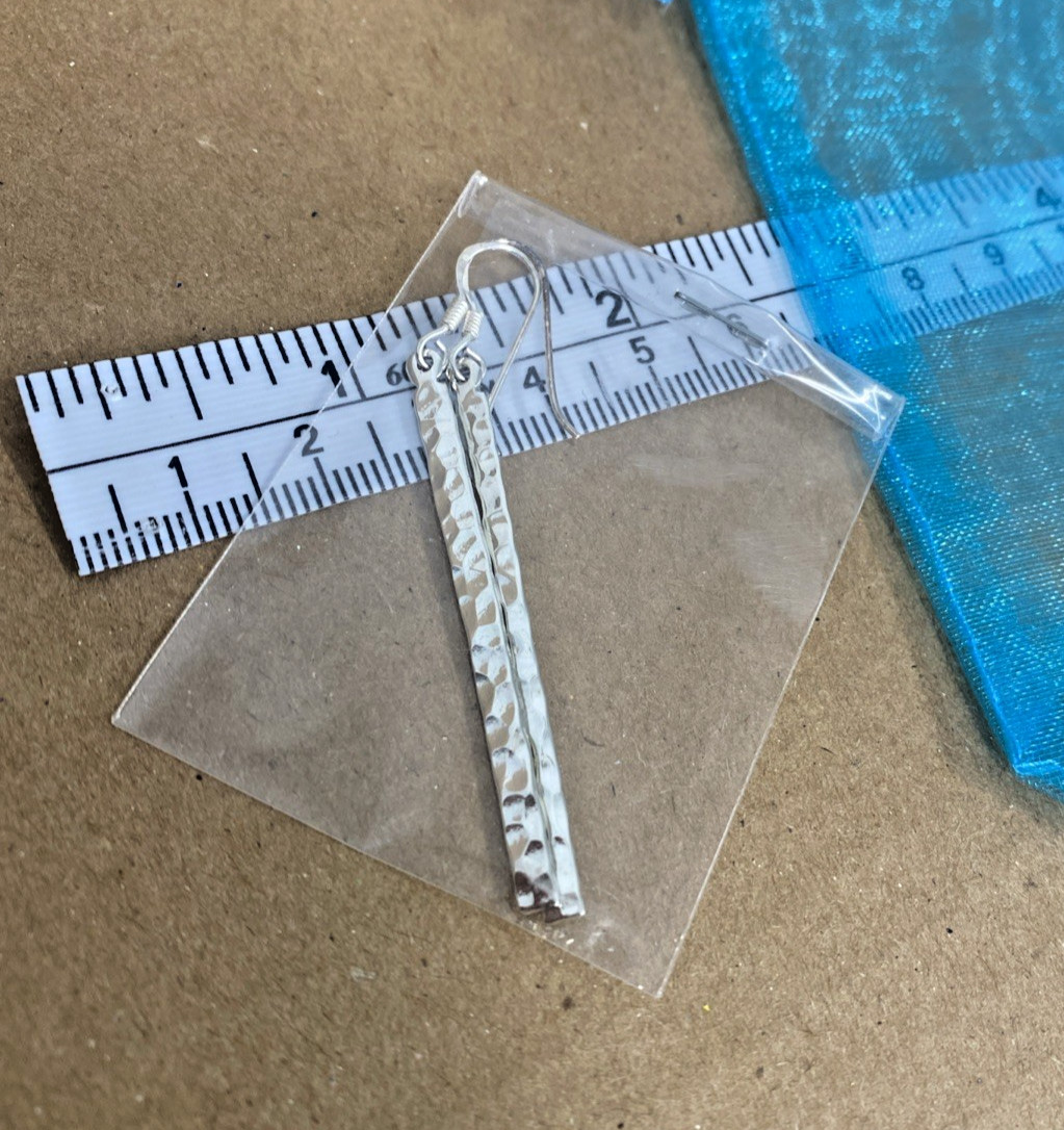 .925 Sterling Silver genuine EARRINGS hammered STICK fish hook BRAND NEW dangle
