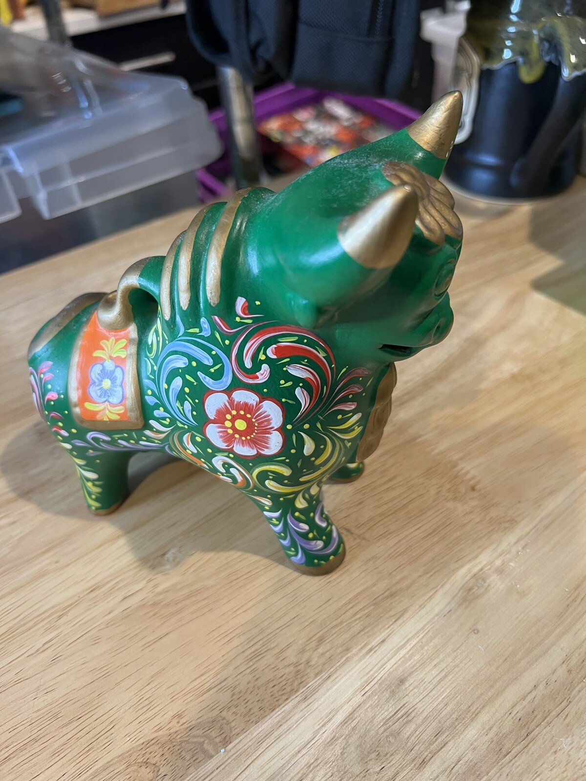 Peruvian Green Pucara Bull 4.7" Tall, Folk Art Ceramic, Bull of Pucara