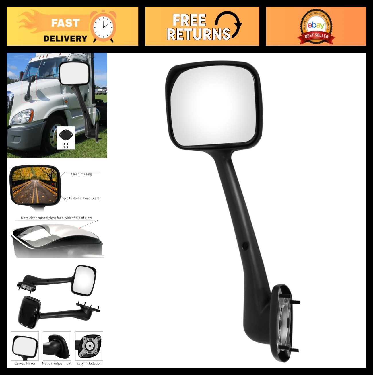 Hood Mirror for Freightliner Cascadia 2008-2017, Front-View Driver Side Black