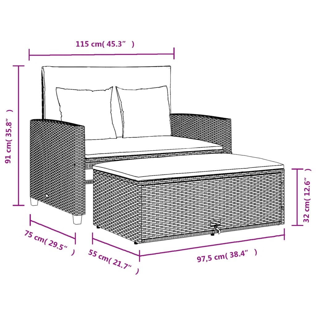 Patio Sofa with Cushions 2-Seater Black Poly Rattan