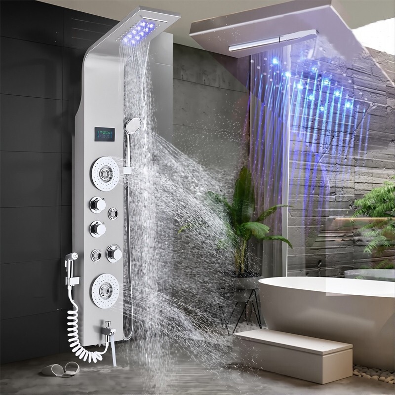 Stainless Steel LED Rain Waterfall Shower Panel Tower Column System Massage Jets