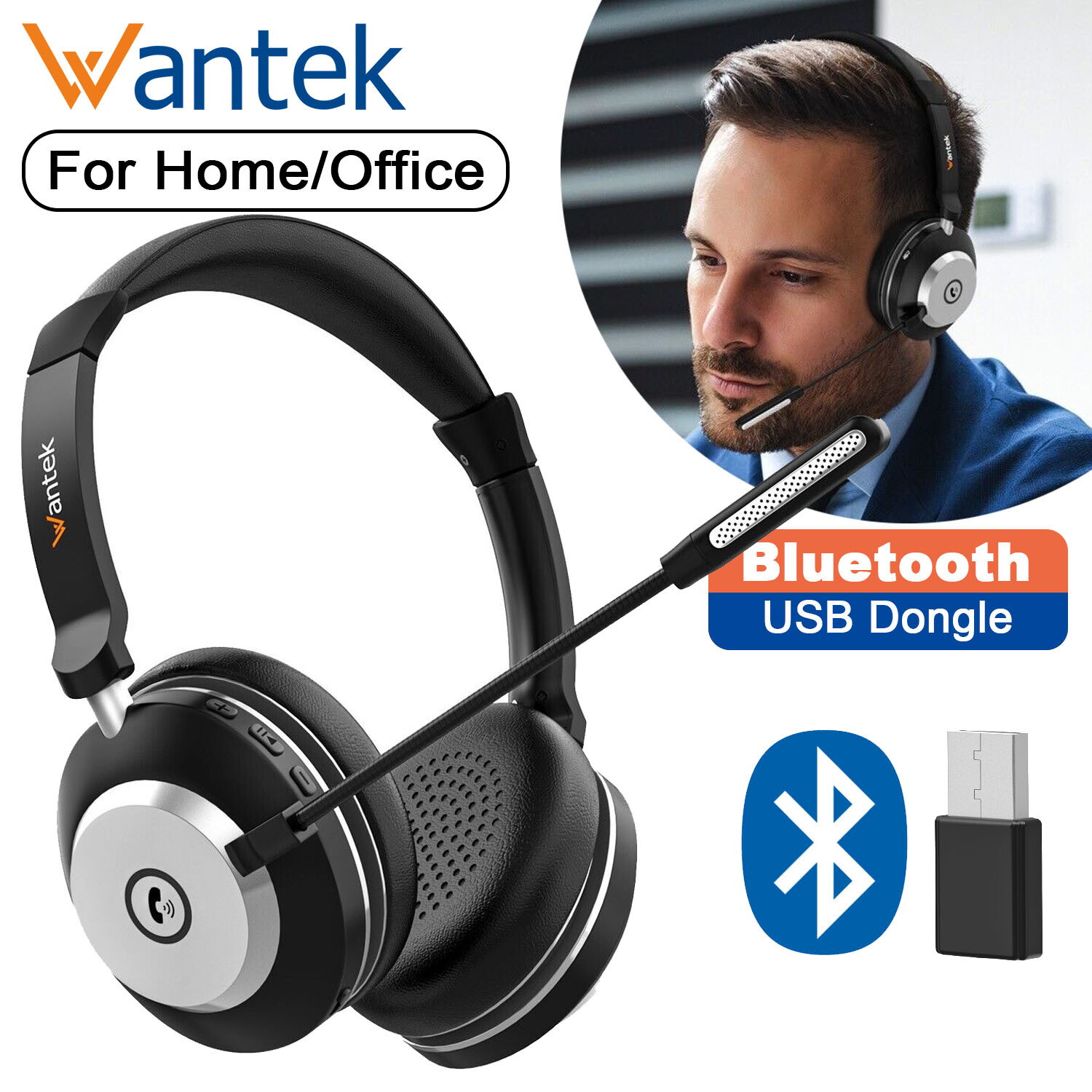 Bluetooth Headset with Microphone Stereo Wireless USB Headphone for PC/Mobile