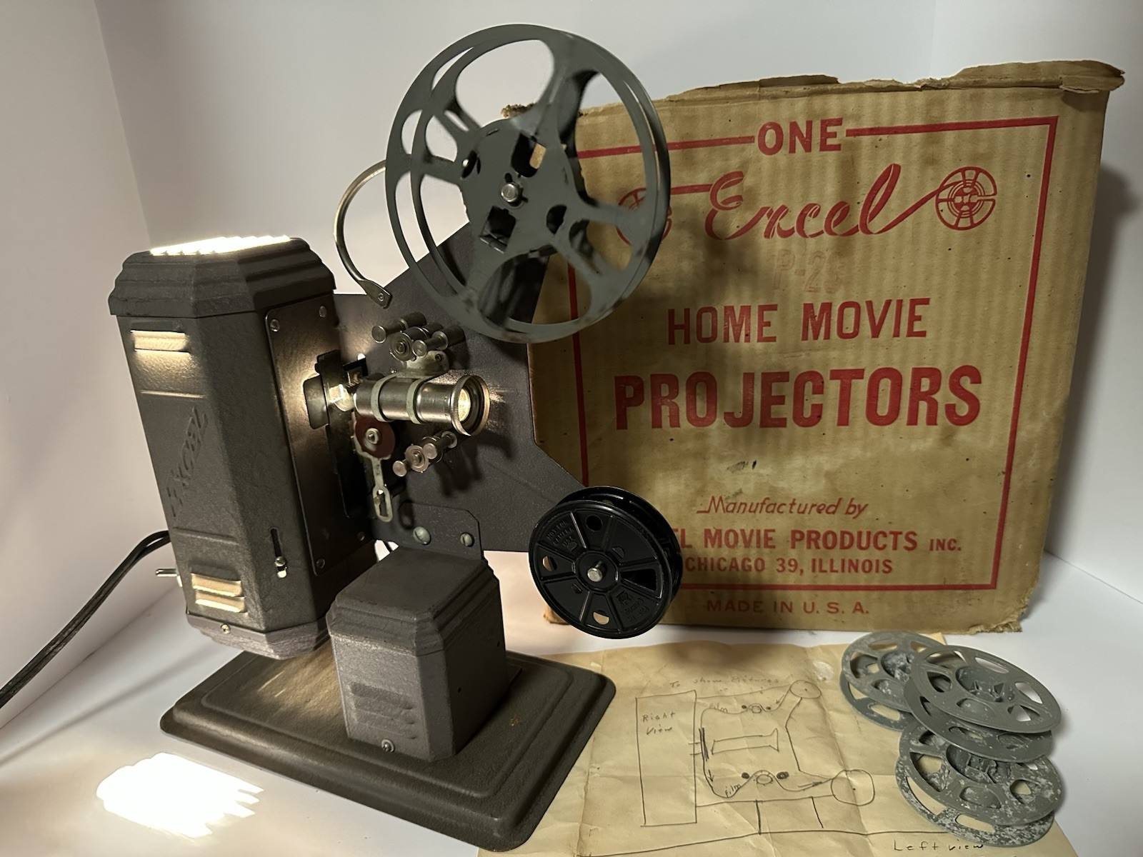 1930s Excel P-29 8mm Home Movie Projector w/ Box Reels Manual Chicago USA Vtg