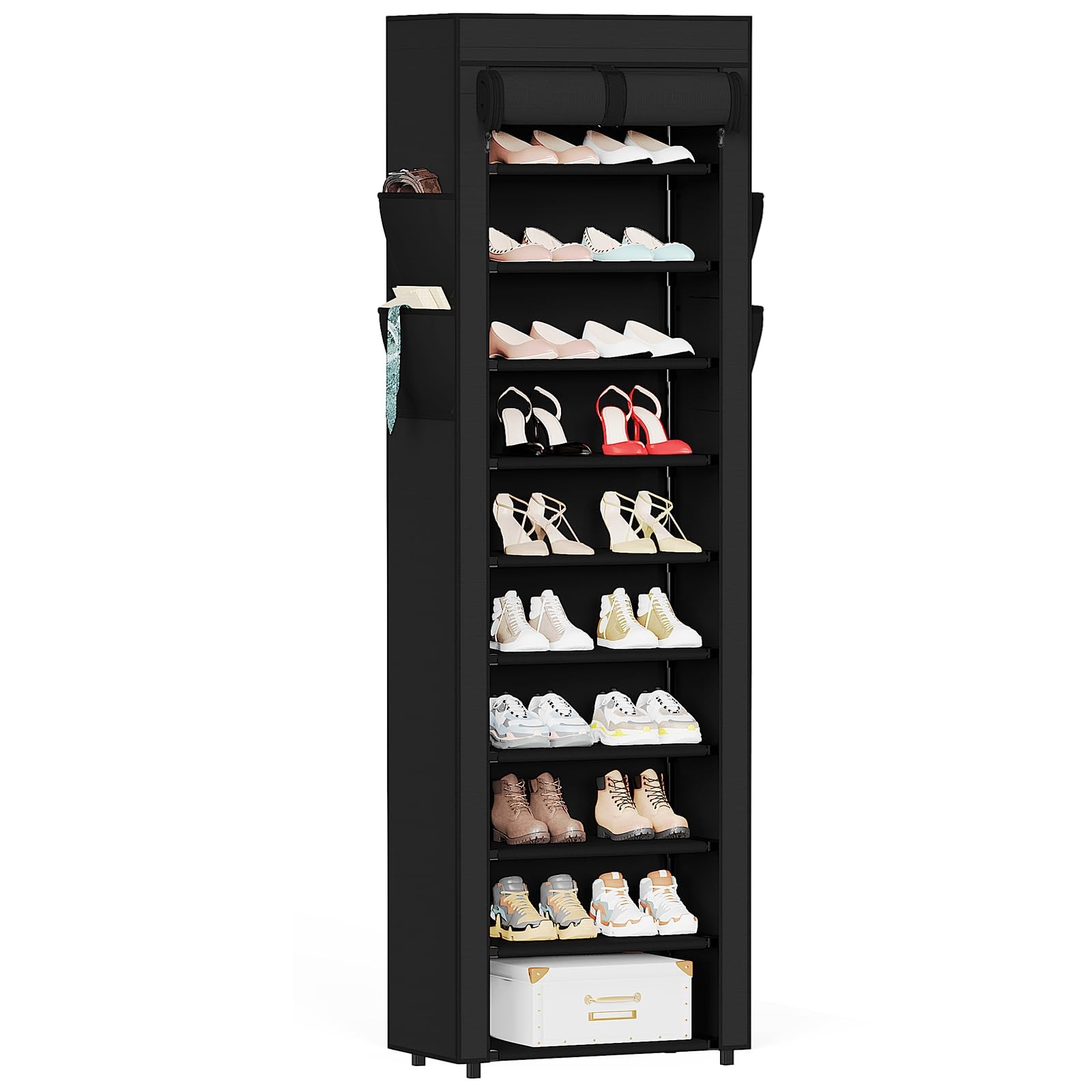 Mavivegue Shoe Rack with Cover, 10 Tier Tall Organizer 10-Tier-S, Black