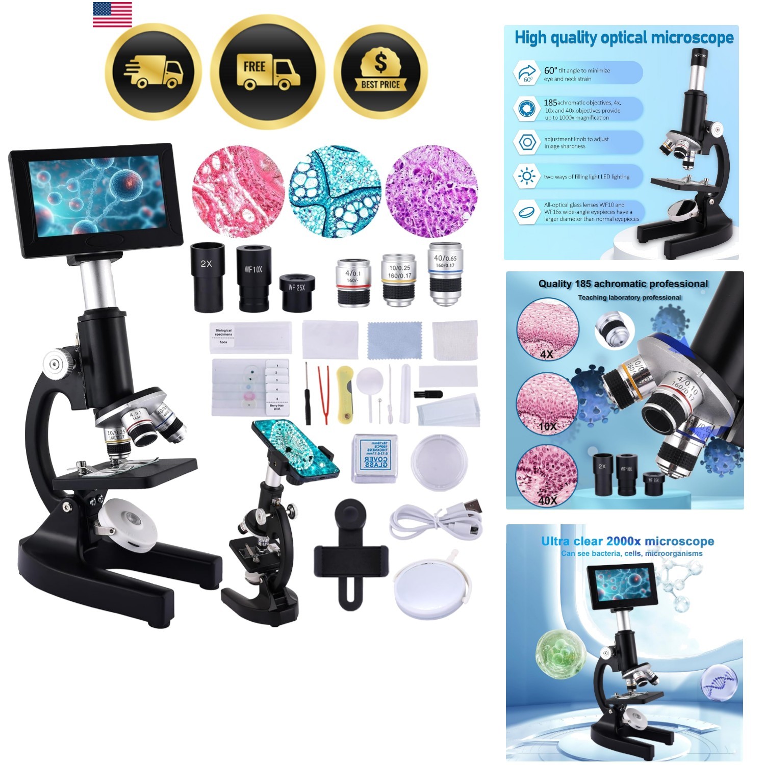 Microscope 40X-2500X Magnification with 4.3-inch Display, Wide-Angle 10X and ...