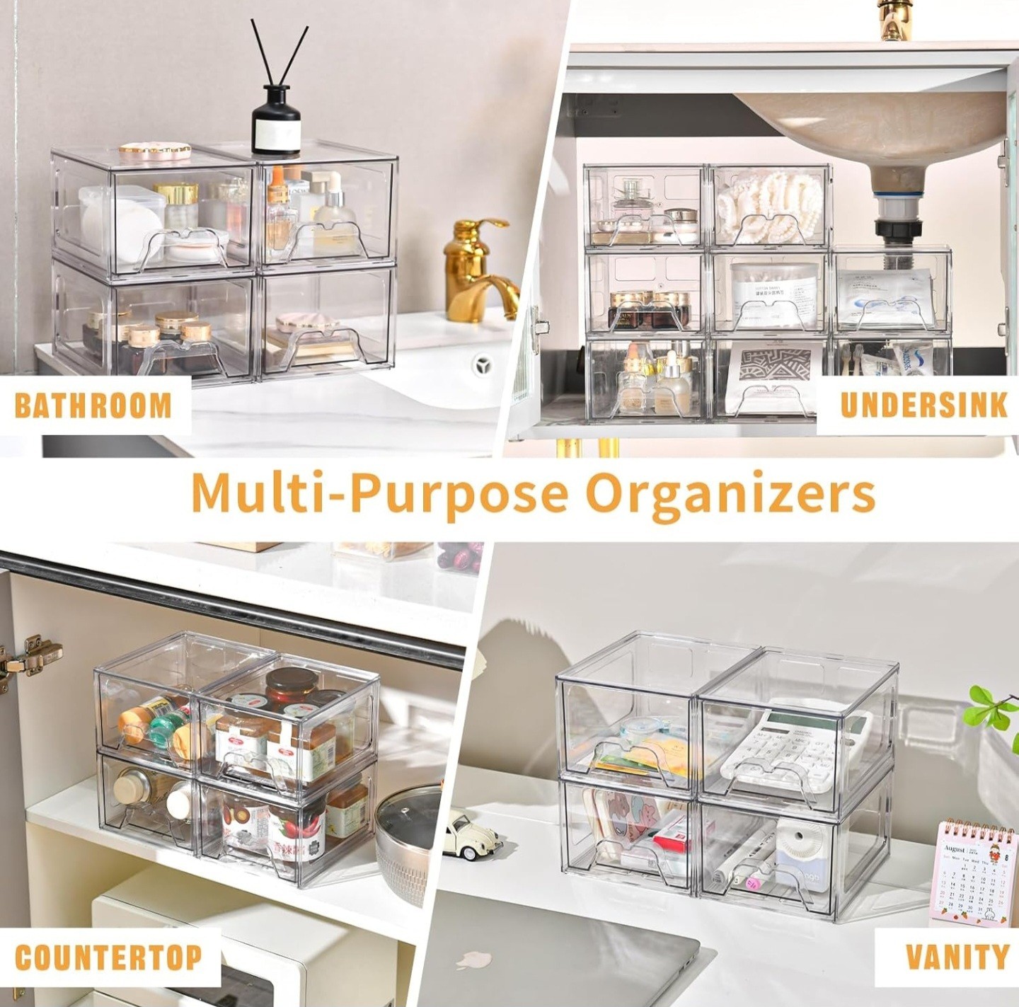 Clear Stackable Plastic Drawer Storage Boxes Set of 6, Anti-Slip, Modern
